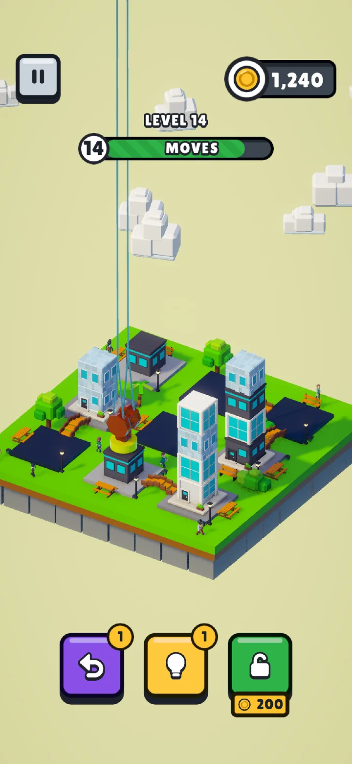 A City Sort level: stacks of building floors on a voxel island, with the crane overhead.