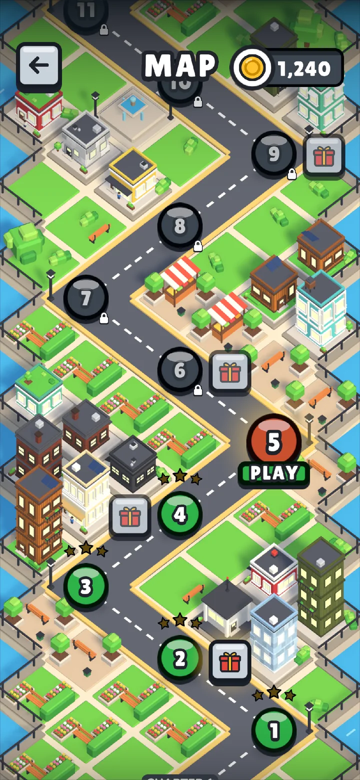 The level map: a road winding past the buildings of each chapter.
